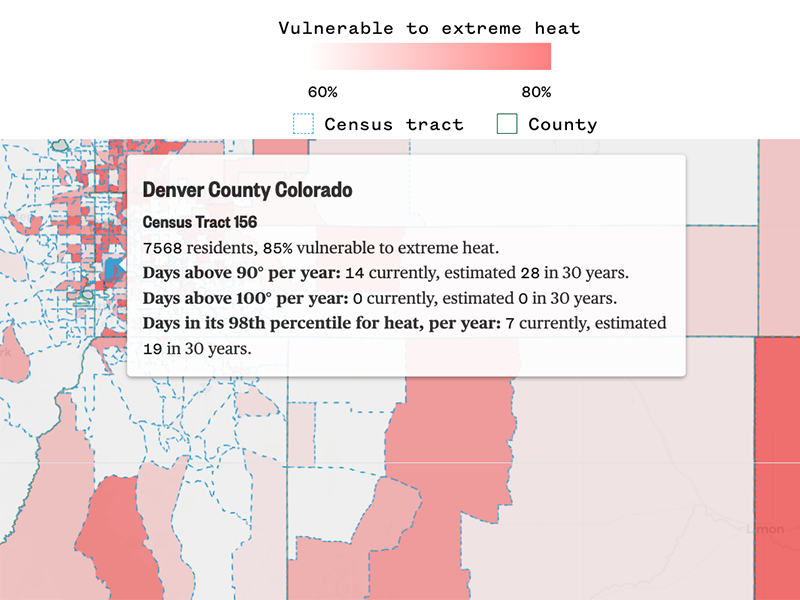 A screenshot of a map showing census tracts in Denver Colorado's vulnerability to extreme heat.