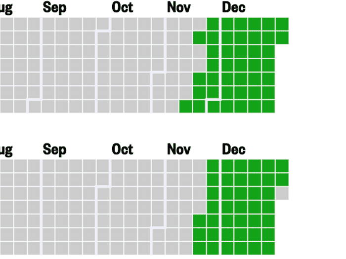 A screenshot of multiple yearly calendars, with days colored green when there was an above-average number of listens to Mariah Carey's song All I Want For Christmas Is You
