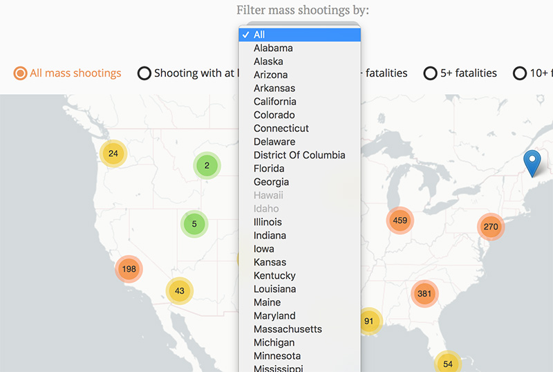 A screenshot of a map marked with mass shootings in the last five years