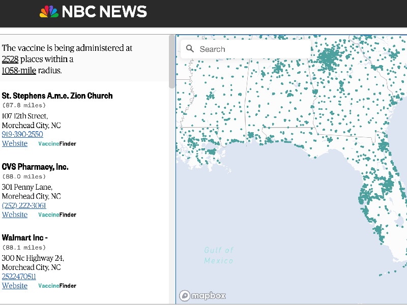 A screenshot of PlanYourVaccine.com's map search interface