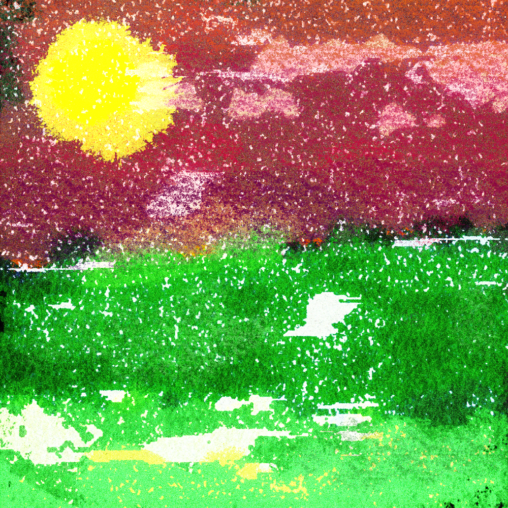 A digital painting of a sun over a grassy field. Abstract.