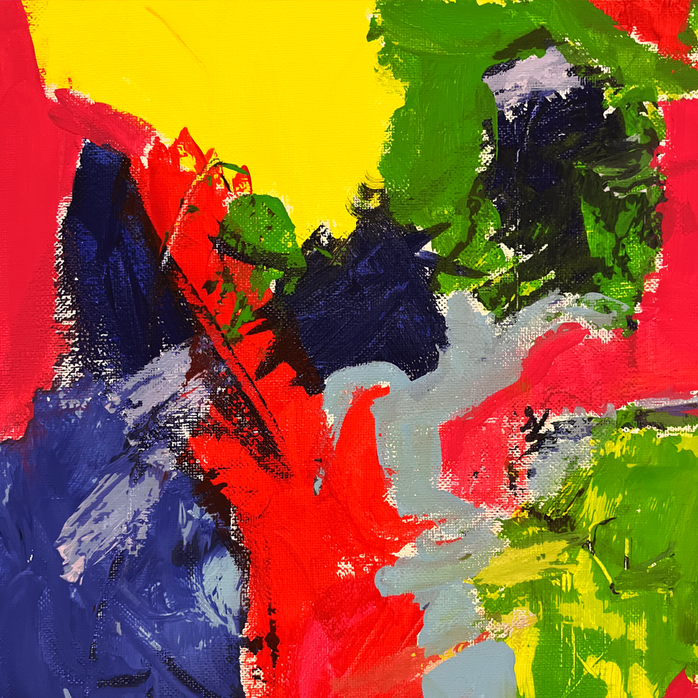 An abstract acrylic painting with primary colors and what could be the eyes and nose of a falcon, or maybe it's the sun.