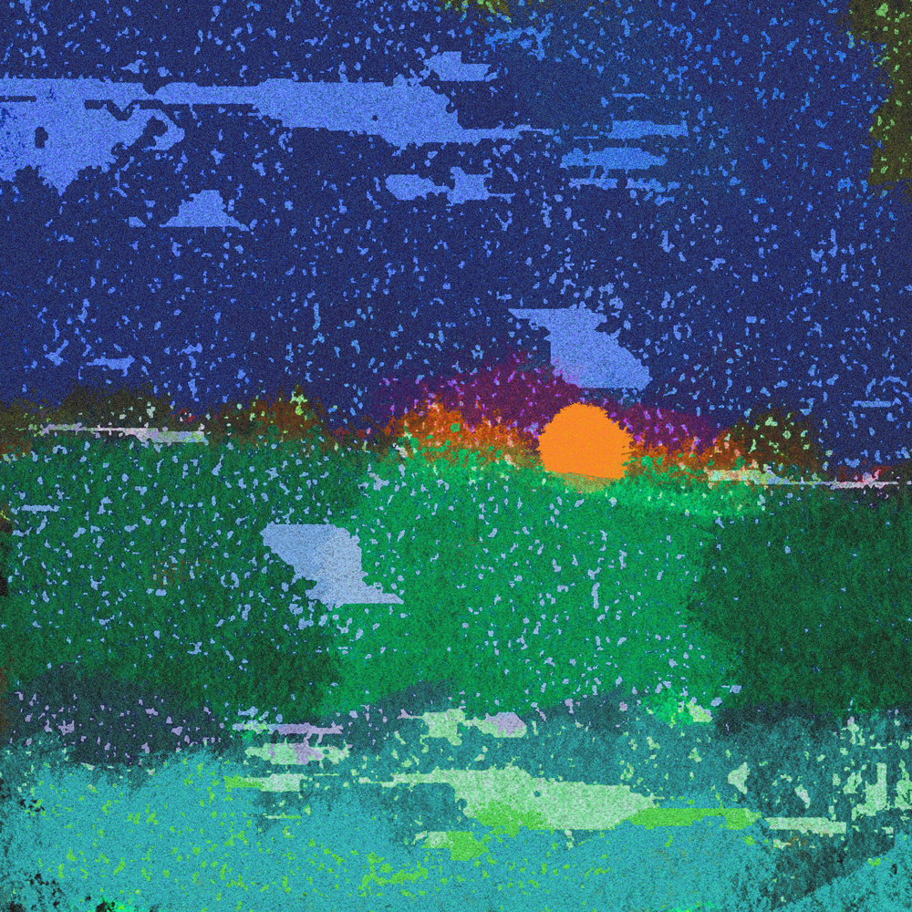 A rough digital painting of the sun setting and a dark sky atop a grassy green field.