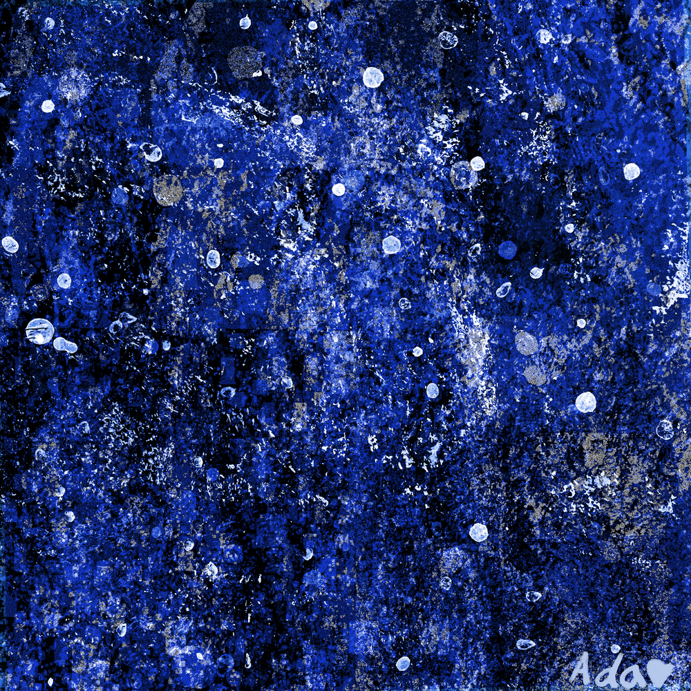 A oil pastel and digital painting, mostly deep blues and black, with splattery splots of white, kind of evokes a snow storm.