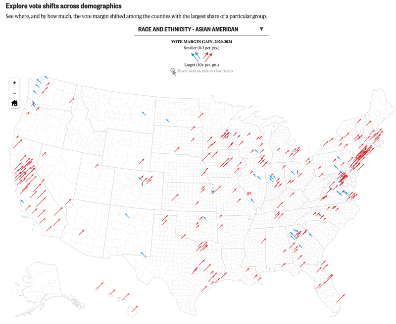 A screenshot of the Donald Trump 2024 presidential election vote shift interactive map.